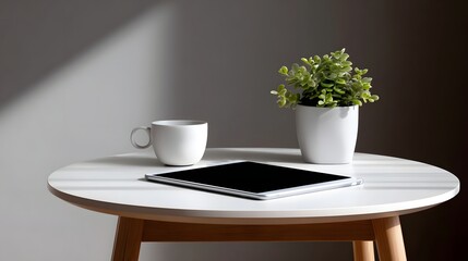 Minimalist workspace with potted plant and tablet