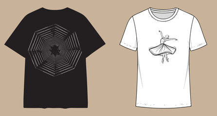 Two t shirts one black with intricate geometric design and one white with sketchy artistic illustration