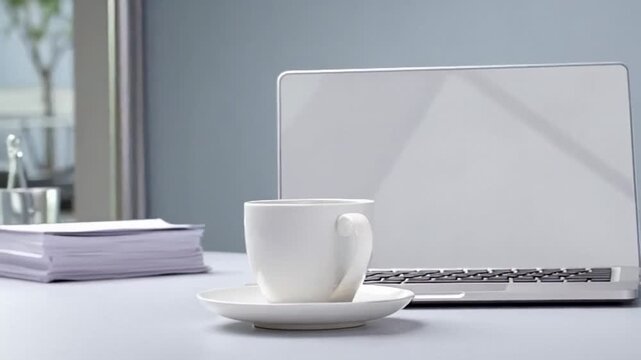 Minimalist workspace with laptop and coffee, serene atmosphere for focused work, morning routine with tech and caffeine boost, office essentials