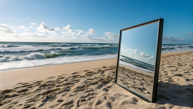 A large mirror on the sands of a beach