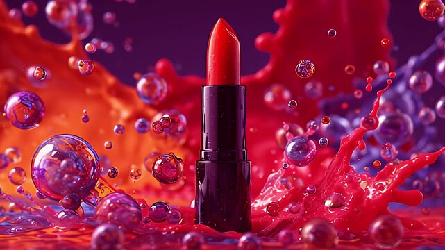 Luxury makeup product AI generated video red lipstick splash vibrant bubbles high definition. Sensual red lipstick AI generated video bubbles cosmetics beauty product cinematic 4K UHD.