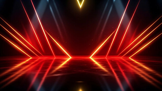Futuristic Red Neon Light Stage Background with Reflections and Glowing Laser Beams