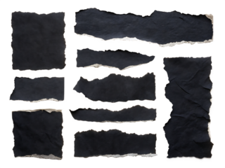 set of torn ripped black paper piece isolated on white background ,PNG. AI Generated.