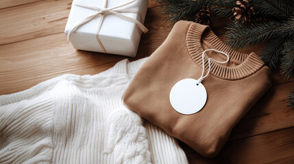 Christmas and New Year mockup of plain brown folded sweater on festive background and copy space, warm brown color tone.