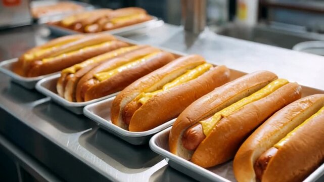 Row of hot dogs with mustard lined on trays, evoking a sense of classic fast-food dining, perfect for summer barbecues or casual gatherings, capturing the essence of American cuisine