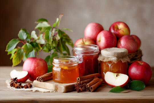 Homemade apple jam jars, fresh red apples, aromatic cinnamon sticks, star anise, reflecting autumn harvest, natural sweet healthy food and cozy home