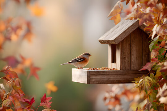 Small wild bird rests on a wooden bird feeder, eating seeds among vibrant autumn leaves, symbolizing nature's beauty and seasonal changes - Powered by Adobe