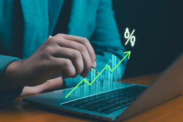 Business growth and financial success concept with rising graph, percentage symbol, and digital...