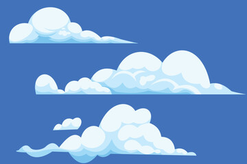 Flat vector set of cartoon white clouds in a clear blue sky. Simple and minimal design, perfect for use as background, weather icons, clipart, or decorative graphic elements in creative projects.