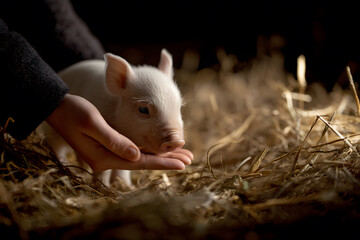 Tender child's hand gently cradling a tiny white piglet resting peacefully on golden hay, symbolizing compassionate farm animal care and new life