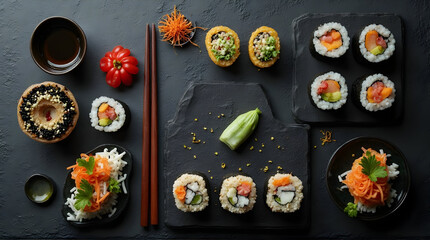 Serving of Diverse Sushi Rolls and Japanese Cuisine