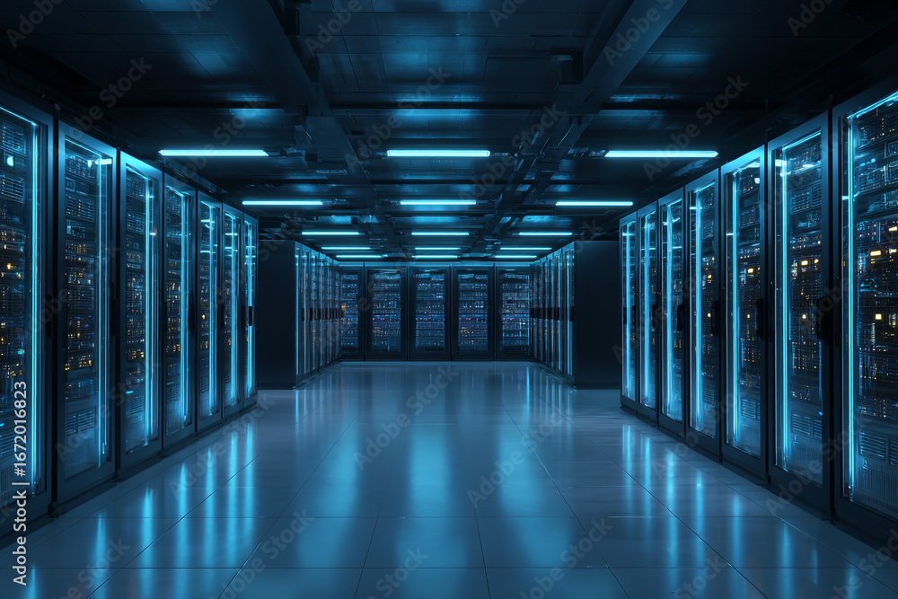 Poster illuminated server room rows of data storage racks glowing blue modern technology data center