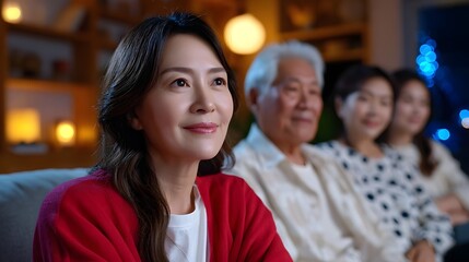 Obraz premium Asian family enjoying a cozy evening together in their living room.