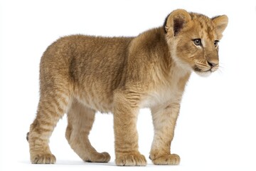 Lion Cub on White Background. Side View of 10 Weeks Old Baby Lion Standing