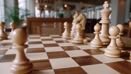 Wooden chess pieces arranged on a board, evoking strategy and intellect, ideal for cozy indoor activities or intellectual pursuits, fits autumnal study vibes