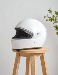 A clean white full-face motorcycle helmet rests on a wooden stool against a white background with a hint of greenery.