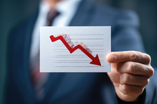 Businessperson displays card showing a sharply declining red graph, symbolizing financial downturn or market crash - Powered by Adobe