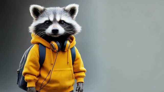 Playful raccoon wearing a yellow hoodie and headphones stands confidently, showcasing a charming personality in a vibrant, engaging scene with a soft gradient background