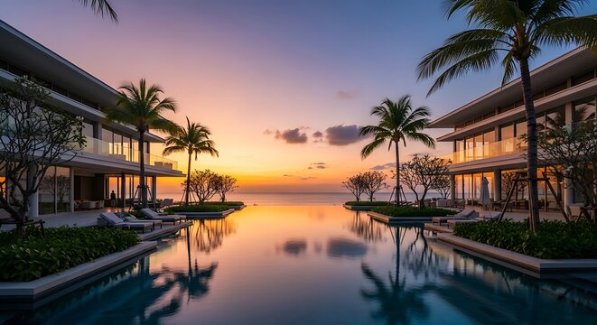 Luxury resort infinity pool at sunset with palm trees and ocean view