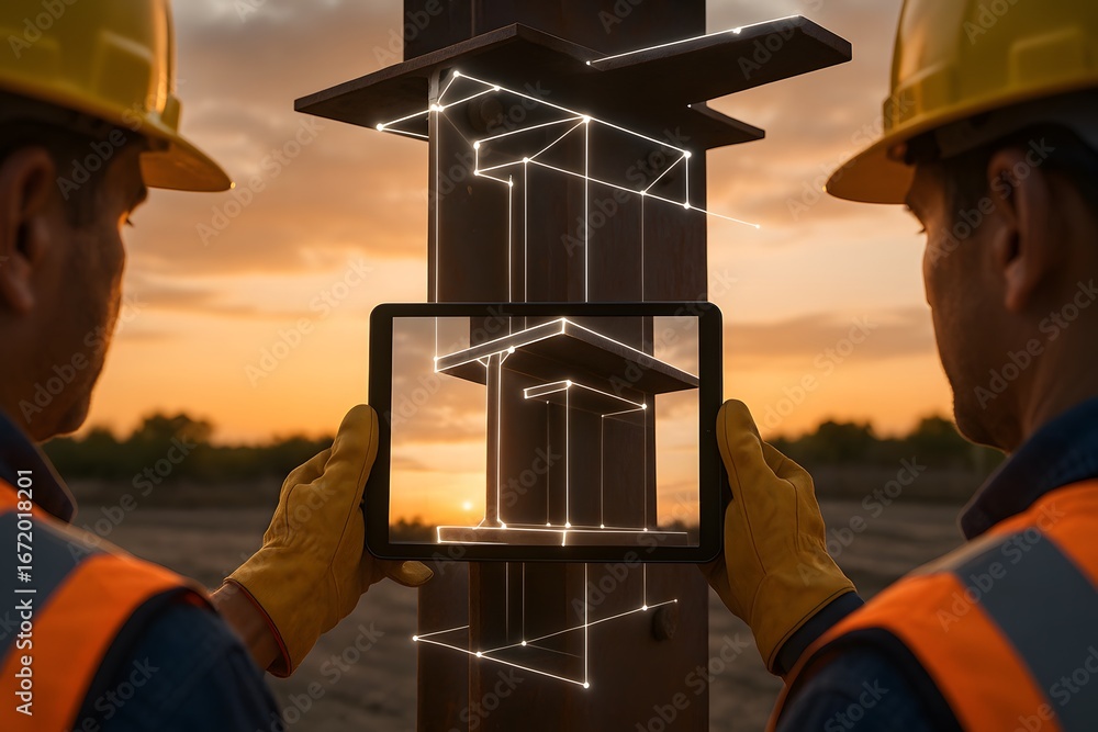 Aufkleber engineers using tablets to view structural models under construction