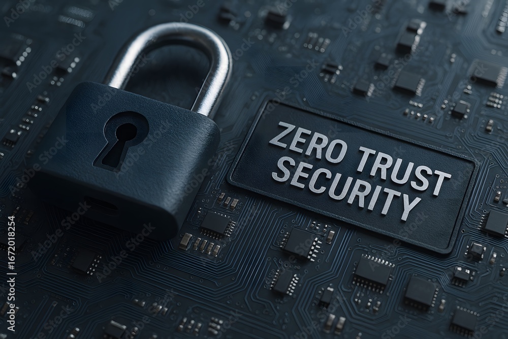 Poster zero trust cybersecurity concept with padlock on circuit board