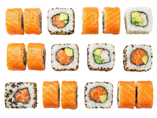 Top view overhead shot of assorted sushi rolls and nigiri displayed in grid format transparent background