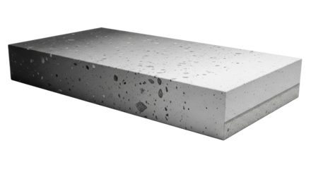 Horizontal polished concrete slab, charcoal to white gradient, visible aggregate, precise cut edge revealing inner layer, transparent background, crisp studio light, concept of architectural material