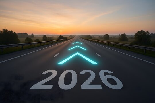 Highway leading to 2026 with futuristic glowing arrow path