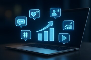 Laptop with virtual social media analytics and engagement icons