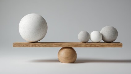 Wooden balance beam with spheres of varying sizes, in a concept of weight