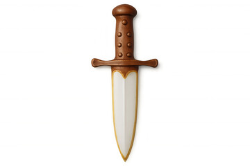 Plastic toy dagger featuring brown handle, white blade, gold trim, positioned against transparent studio backdrop