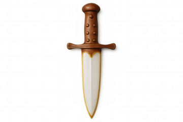 Plastic toy dagger featuring brown handle, white blade, gold trim, positioned against transparent studio backdrop