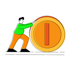 Modern Lineart Man Pushing Giant Coin Achieving Financial Goal Illustration