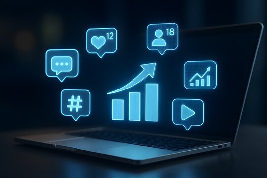 Laptop with virtual social media analytics and engagement icons