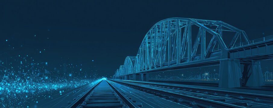 Blue-toned illustration of railway tracks leading to a bridge at night with twinkling lights - Powered by Adobe