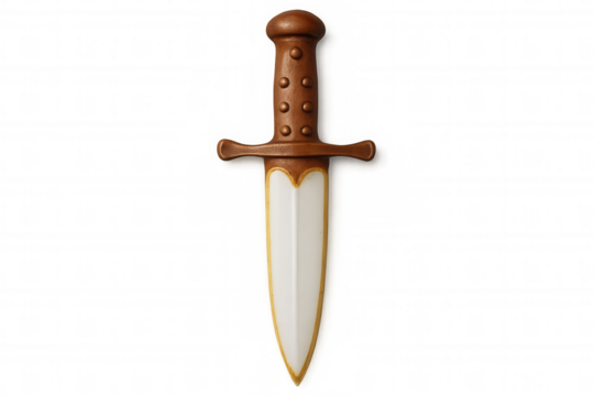 Plastic toy dagger featuring brown handle, white blade, gold trim, positioned against transparent studio backdrop