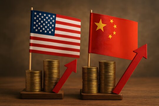 Economic growth concept with USA and China flags and coins