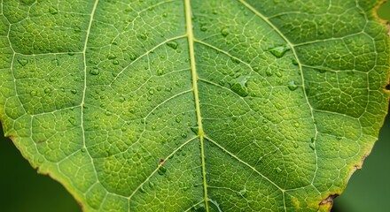 Fototapeta premium Dew-Kissed Leaf: A Macro View of Green Veins and Water Droplets