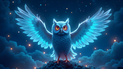 Owl Spreading Wings Against Starry Night Sky with Clouds