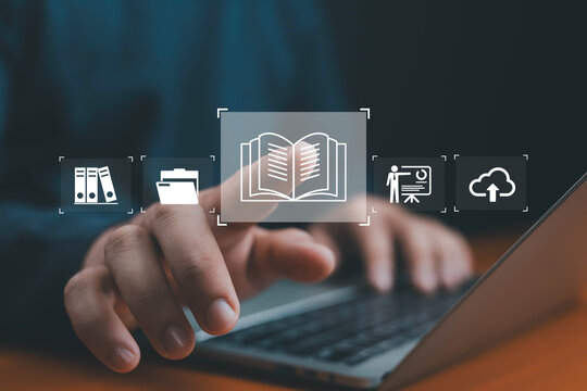 Digital learning and knowledge management concept with open book icon, cloud storage, education, courses files, and education technology interface on laptop screen for e-learning and online study.