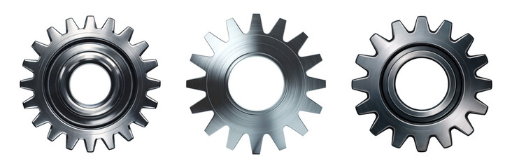 Three polished metal gears meshing together symbolizing industry engineering and teamwork for business success isolated on png transparent background