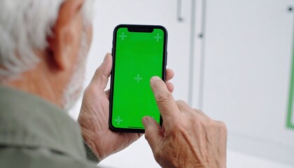 Senior man using smartphone with green screen