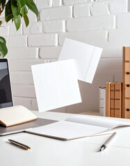 Floating papers above a clean and organized workspace.