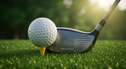 Golf Ball on Yellow Tee with Club Ready for a Drive on Green Course