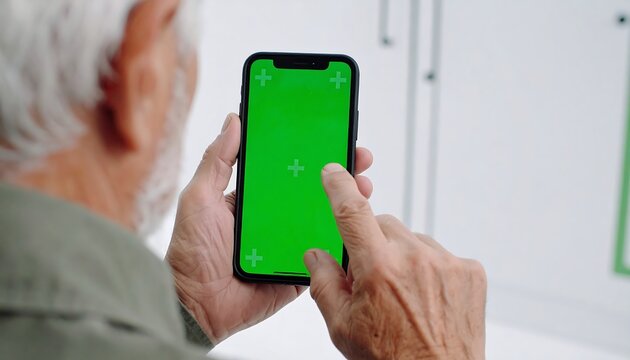 Senior man using smartphone with green screen