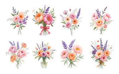 Obraz premium Vector art of a collection of eight beautiful watercolor floral bouquets featuring a variety of delicate flowers and greenery, isolated on a