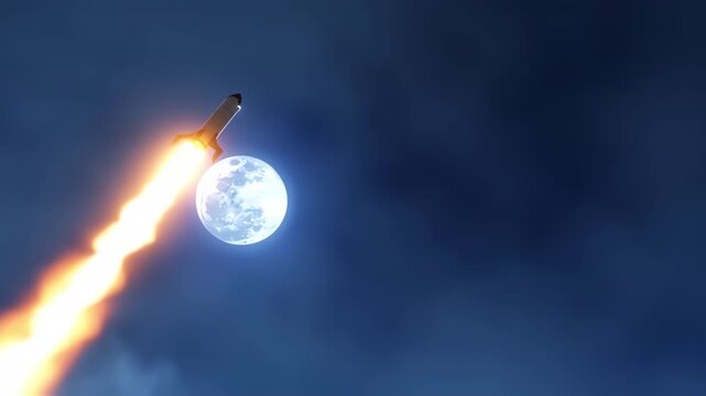 Rocket launching at night towards a moonlit sky