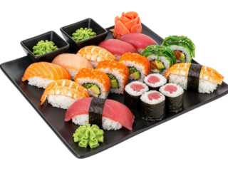 Abundant japanese sushi platter featuring assorted nigiri maki and sashimi delicious seafood combination transparent background