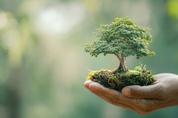 A small tree nestled in cupped hands, symbolizing environmental care and growth against a blurred natural background