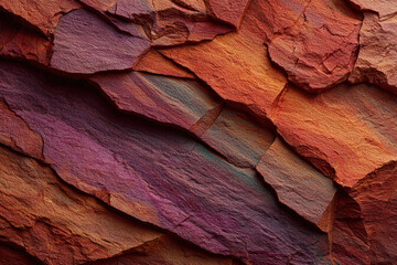 Fototapeta premium Abstract textured rock face rich red orange and purple hues layered stone pattern